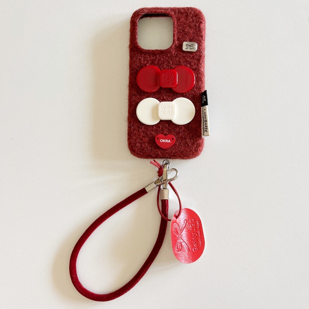 Velvet Bow Phone Case Suitable for iPhone 17 Pro Max Solid Color Lanyard Protective Cover iPhone 16/15 Pro