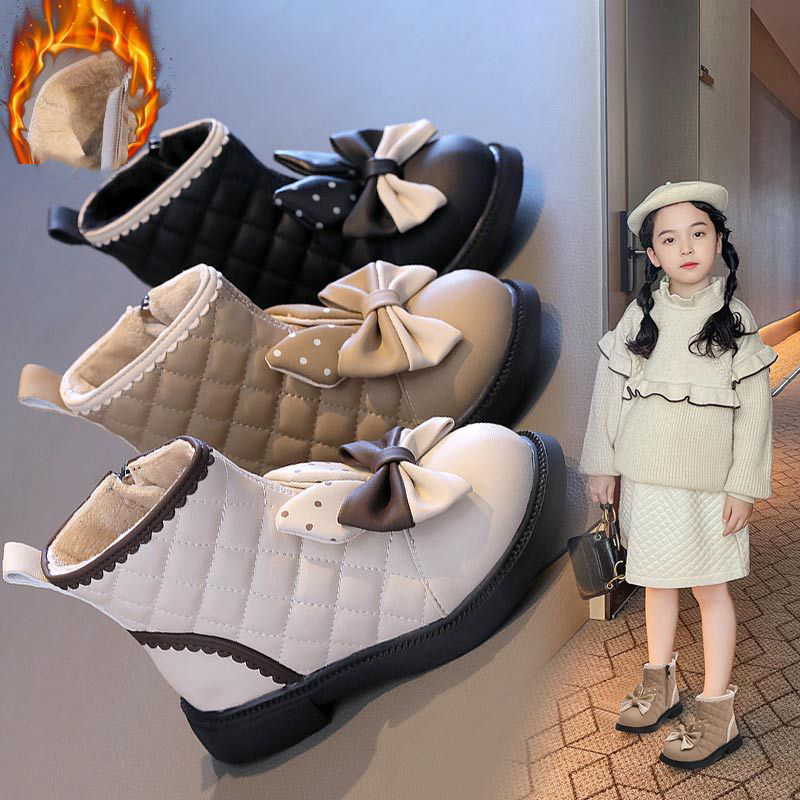 New Toddler Winter Shoes Girls Ankle Boots Bow Grid Booties Princess Cute Snow Boots Kidszworld Kids PU Leather Dress Shoes Sizes 23 - 36 K0369