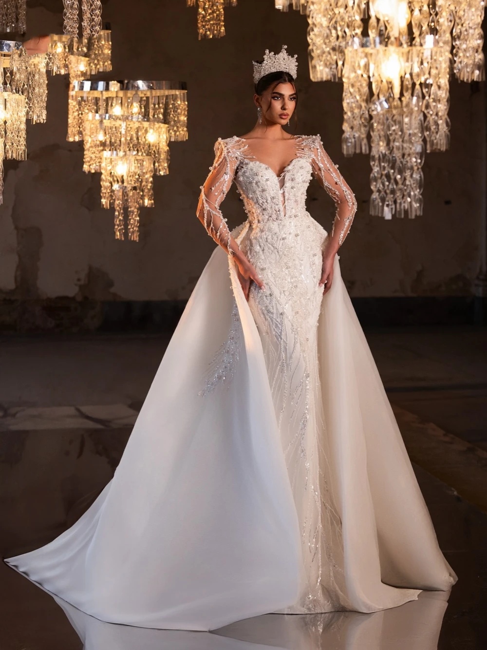 Luxurious Mermaid Wedding Dress Sheer Neck Long Sleeves Bridal Gowns Sequins Pearls Beaded Detachable Train Dresses Custom Made vestidos de novia