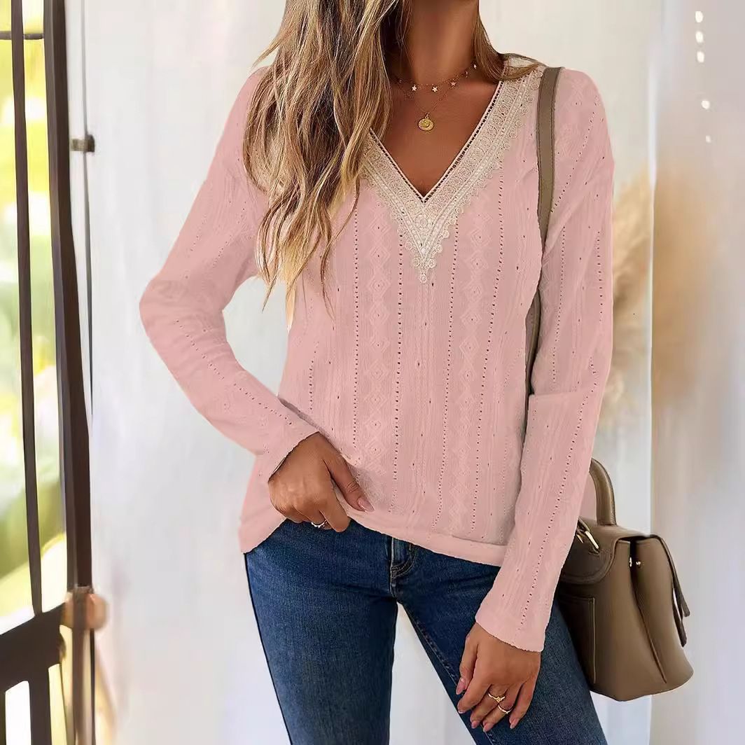 2025 Early Spring V-neck Lace Splicing Jacquard T-shirt with Elegant Casual Women's Top