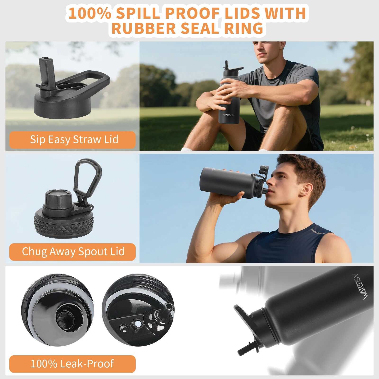 Watersy 32/40/64oz Insulated Water Bottle Large Capacity Stainless Steel Sports Vacuum Flasks with Handle Outdoor Travel Camping C251114