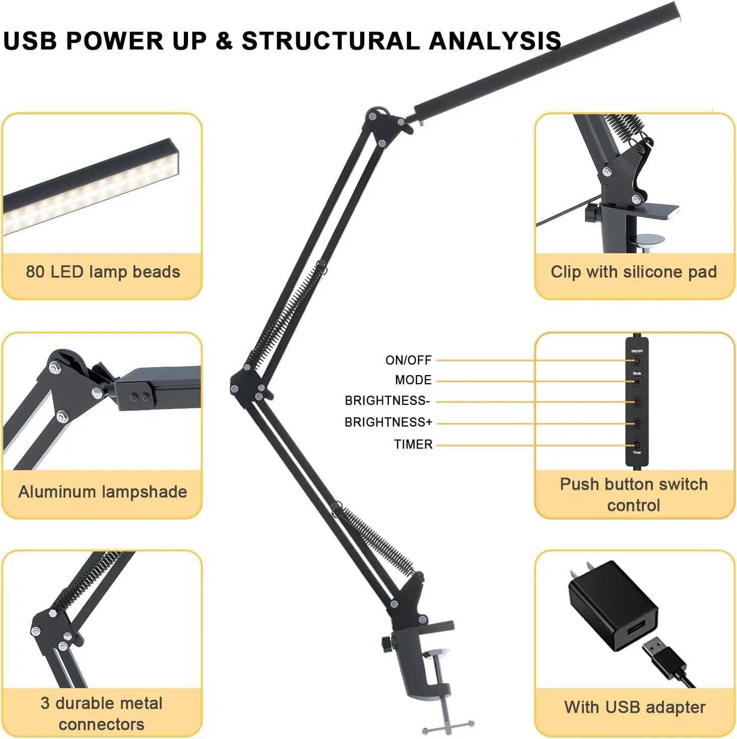 Clamp Desk Lamp LED Foldable Eye Caring Light 3 Light Modes 10 Brightness Levels Adjustable Long Lamp for Computer Desk Home M251114