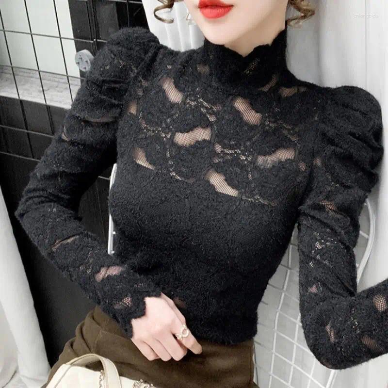 Women's Blouses 2025 Autumn Turtleneck Lace Blouse French Style Inner Wear Bubble Sleeves Temperament Long Sleeve Slim Fit Top
