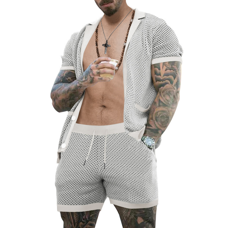 2025 Shorts Ice Cool Hole Cloth Flip Collar Cardigan Short sleeved for Men, Summer Two piece Set