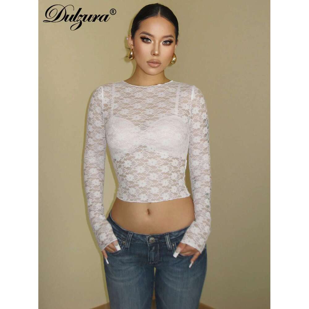 Dulzura Long Sleeves See Through Lace Crop Top Solid Sexy Bodycon T-Shirt For Women Party Club Spring Summer Clothes