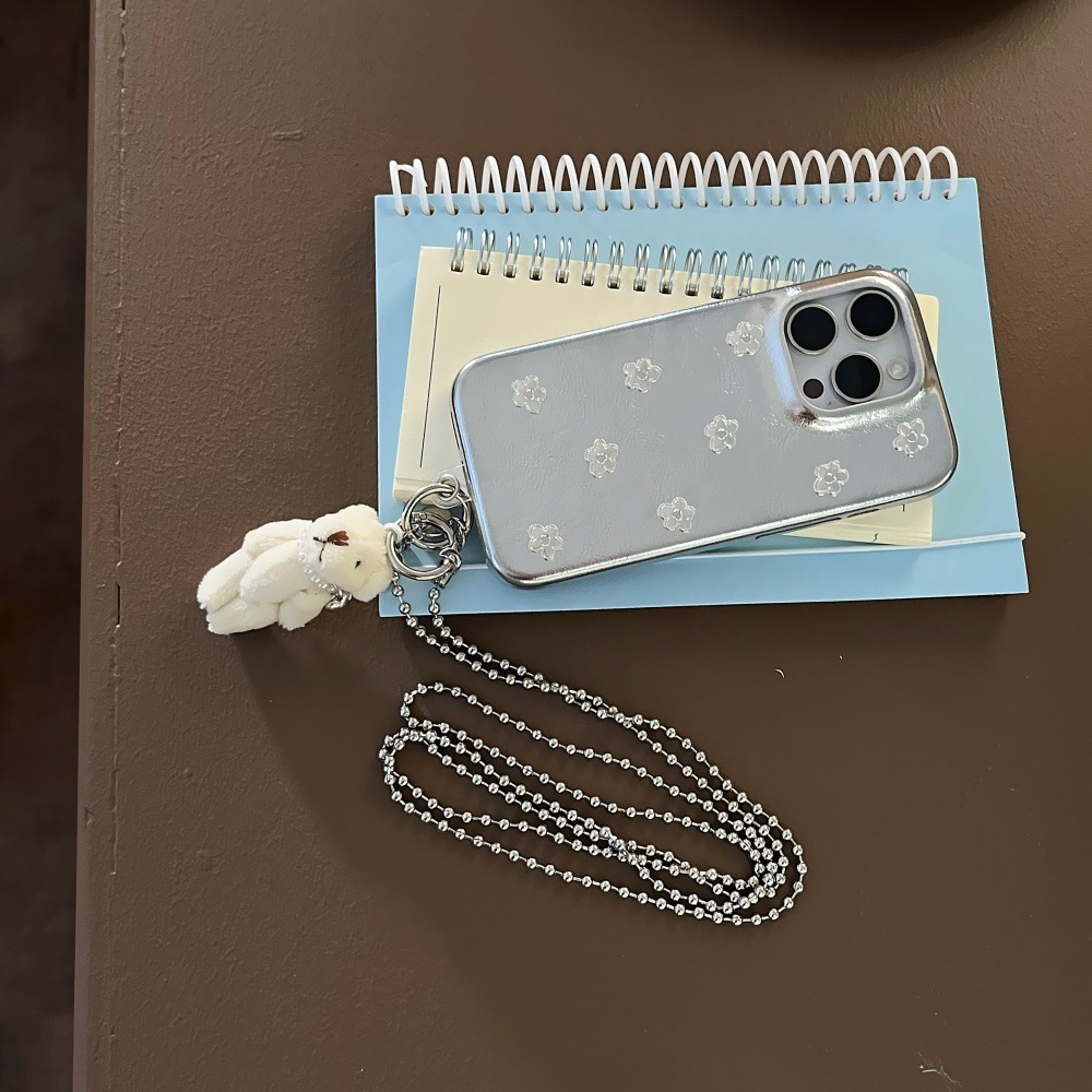 Leather Silver Flower Phone Case Compatible with iPhone 17/16 Pro Max Cartoon Bear Chain Case iPhone 15/14