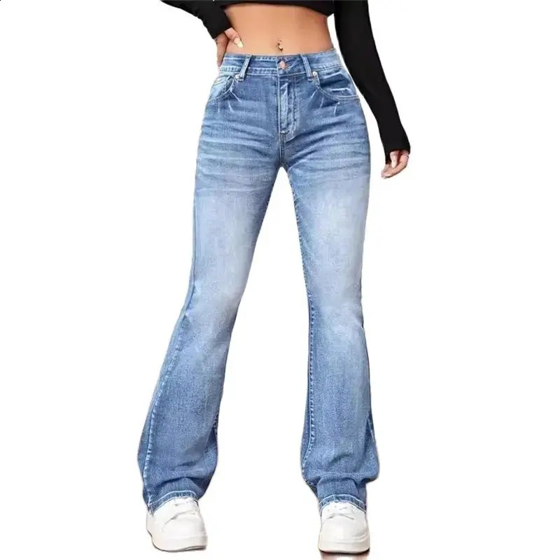 Womens Casual Micro Flash Jeans Retro Mid Waist Button Splicing Denim Pants Office Trend Street Clothing 250410