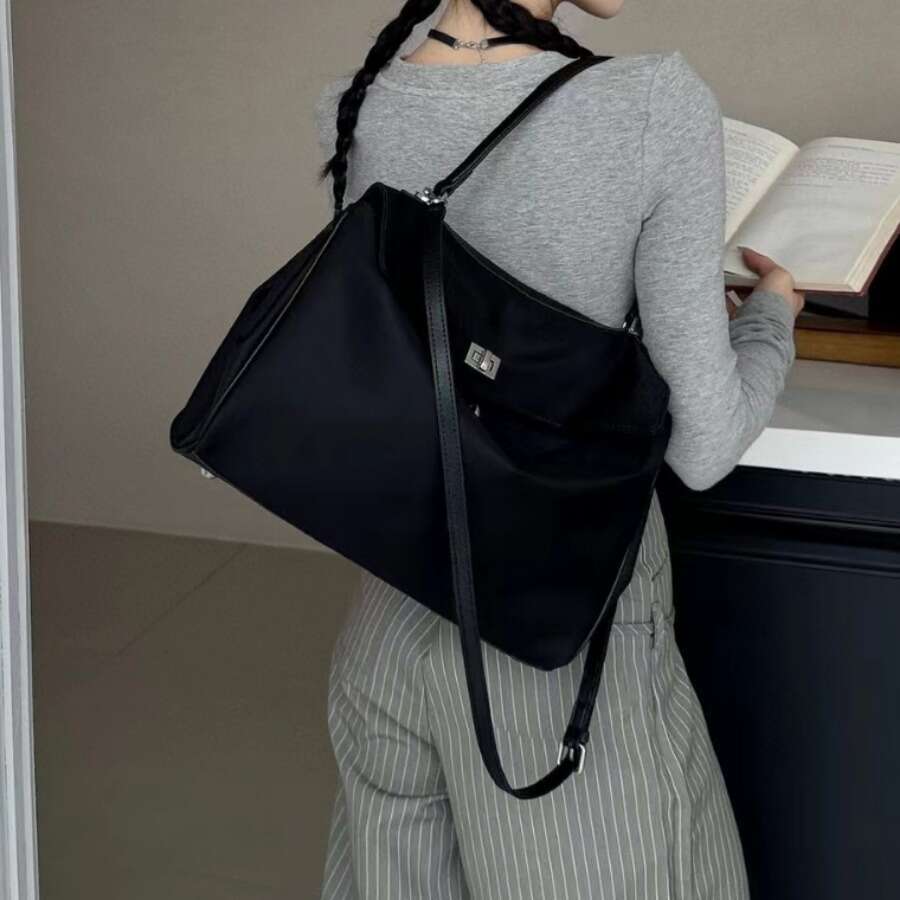 Women's Bags Waterproof nylon with cowhide tote large capacity portable shoulder bag, summer leather women's bag