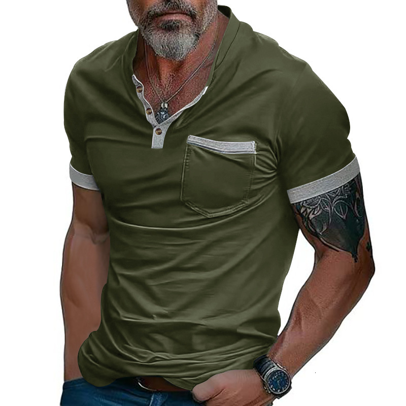 Polo shirt summer top 2025 solid color stand up collar pocket men's T-shirt
