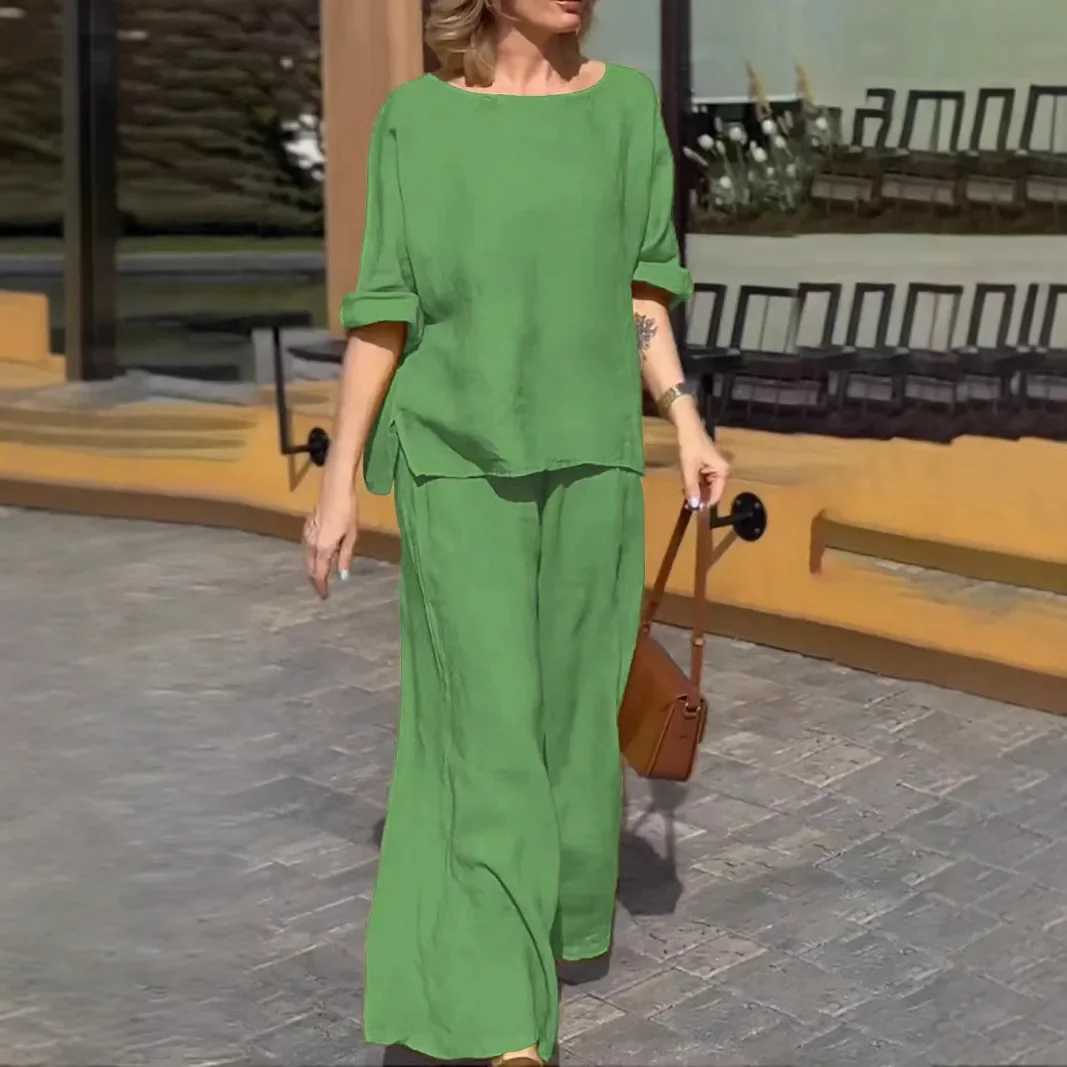 Womens comfortable cotton linen set loose pants two-piece set solid color casual spring and summer new styleXJ250414