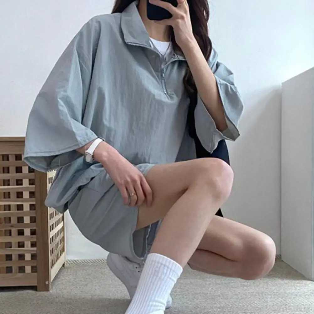 2-piece/set summer womens top set solid color zipper collar shirt setXJ250414