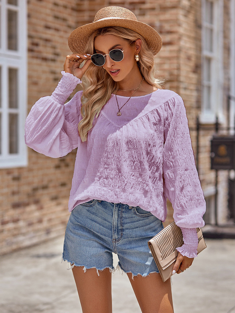 New women's solid color round neck long sleeved patchwork lantern sleeve plaid top for women