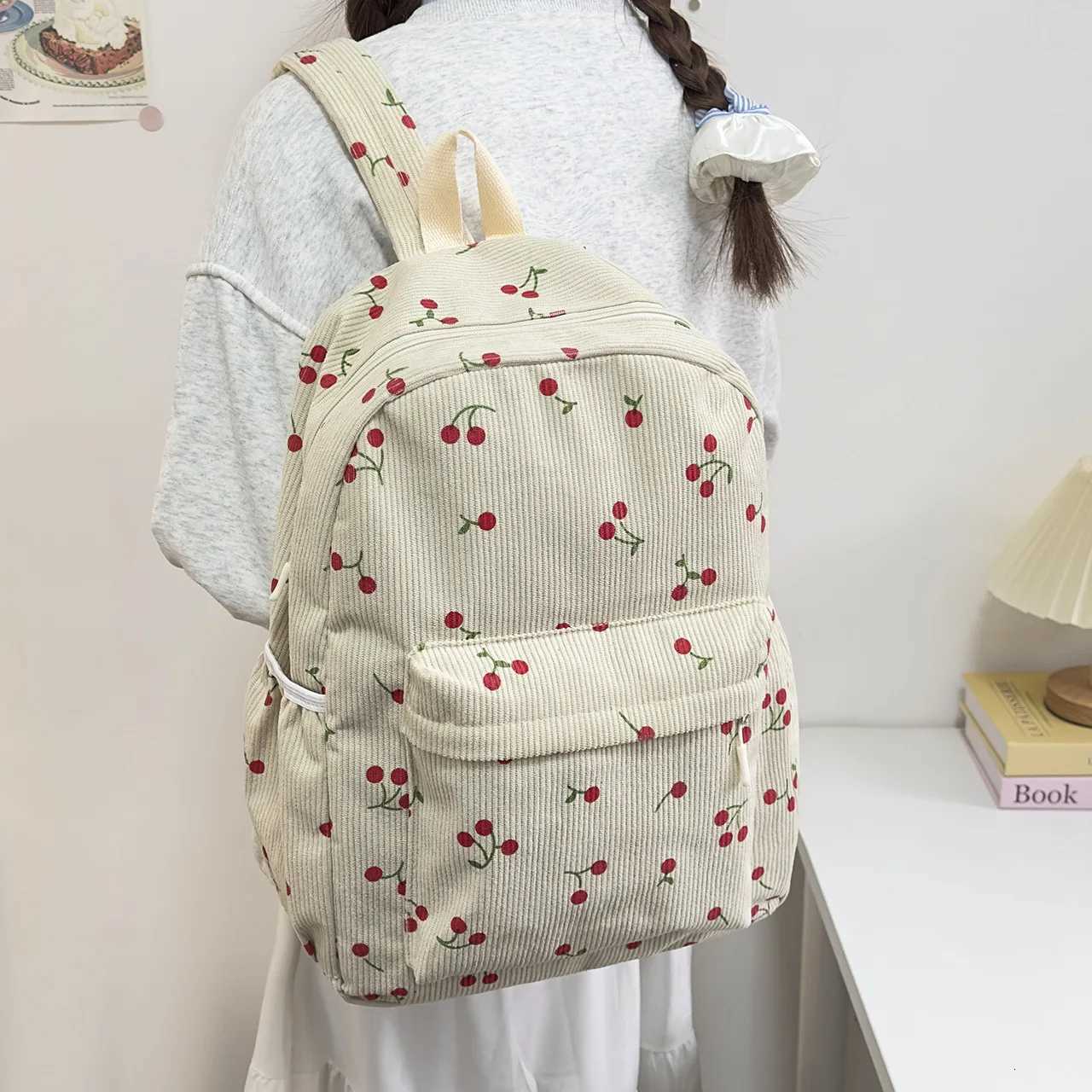 Women Cherry cute Schoolbag girls students backpack large-capacity corduroy backpackW251113