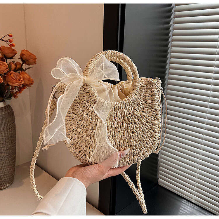 Handmade Beach Bag Paper Rope Hand-Held Crossbody Shoulder Beach Woven Bag, Semi-Circular Lace Grass Bag Kq2