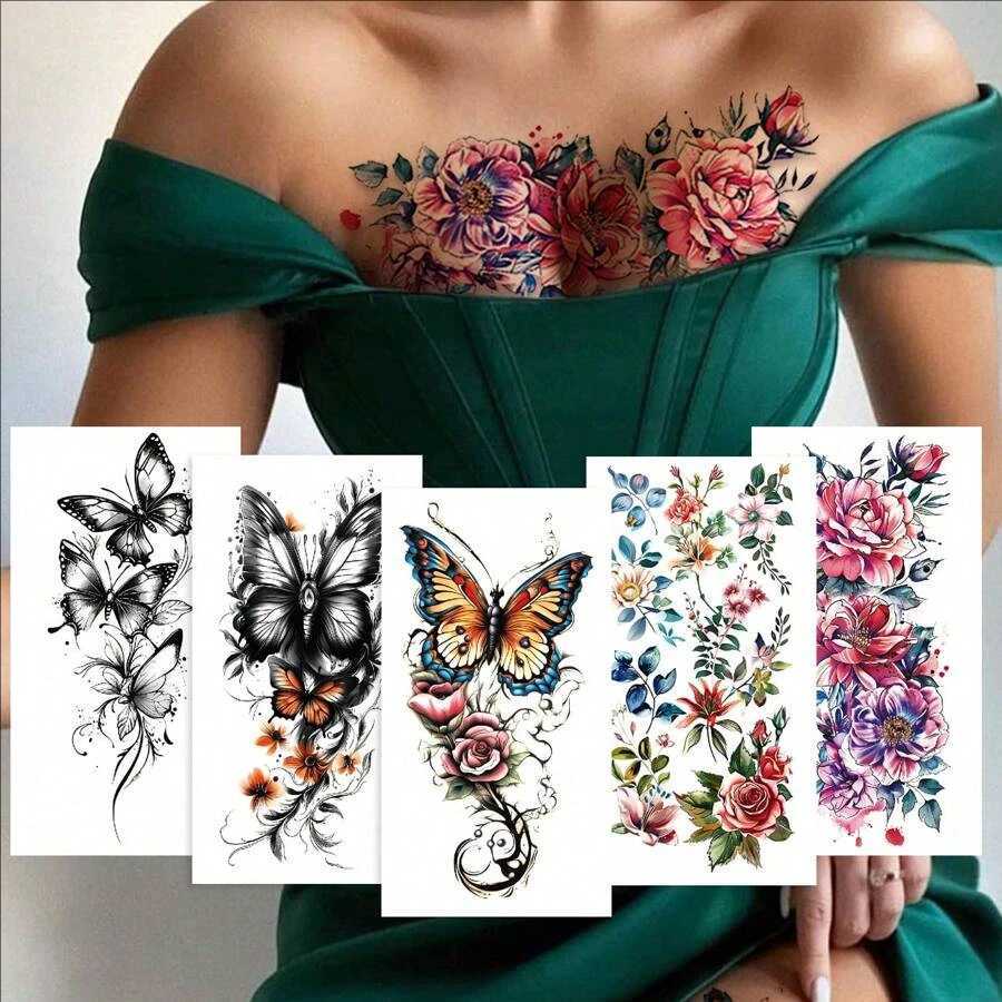 5 Waterproof Temporary Tattoo Stickers Lion Flower Snacks Wolf Rose Tiger Skin Black Elegant Fake Tattoo Sparkling TattooXJ25414