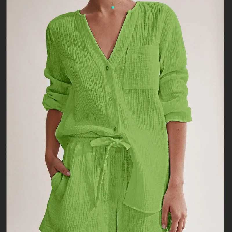 2024 New 100% Cotton Goz Womens 2-piece Button Long Sve Top+Shorts Set Ele SetXJ250414