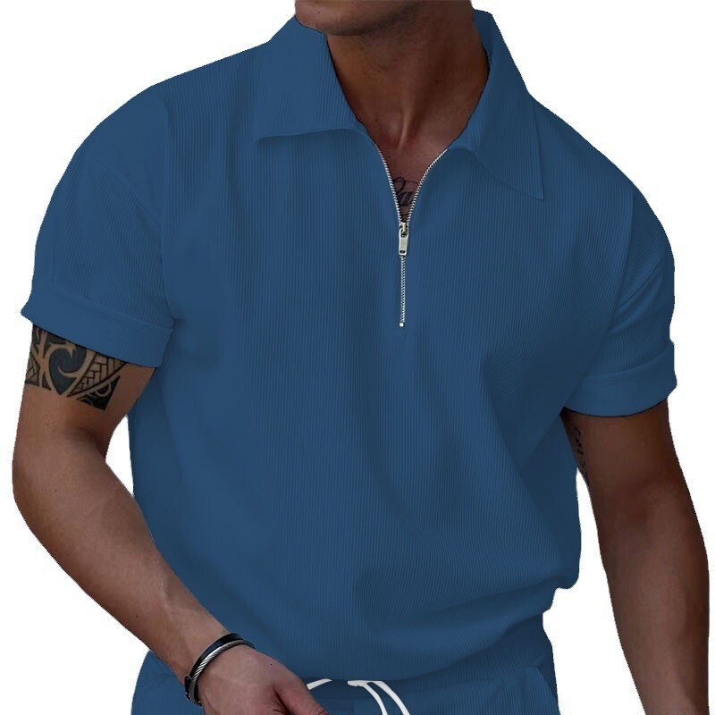 2025 Summer New Corduroy Zipper Polo Shirt Short sleeved T-shirt Men's