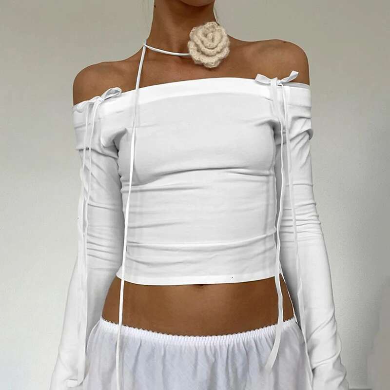 CUTENOVA Women Off Shoulder Long Sleeve T Shirts Autumn Y2K Elegant White Crop Tops Skinny Strapless Casual Basic Tees Bow