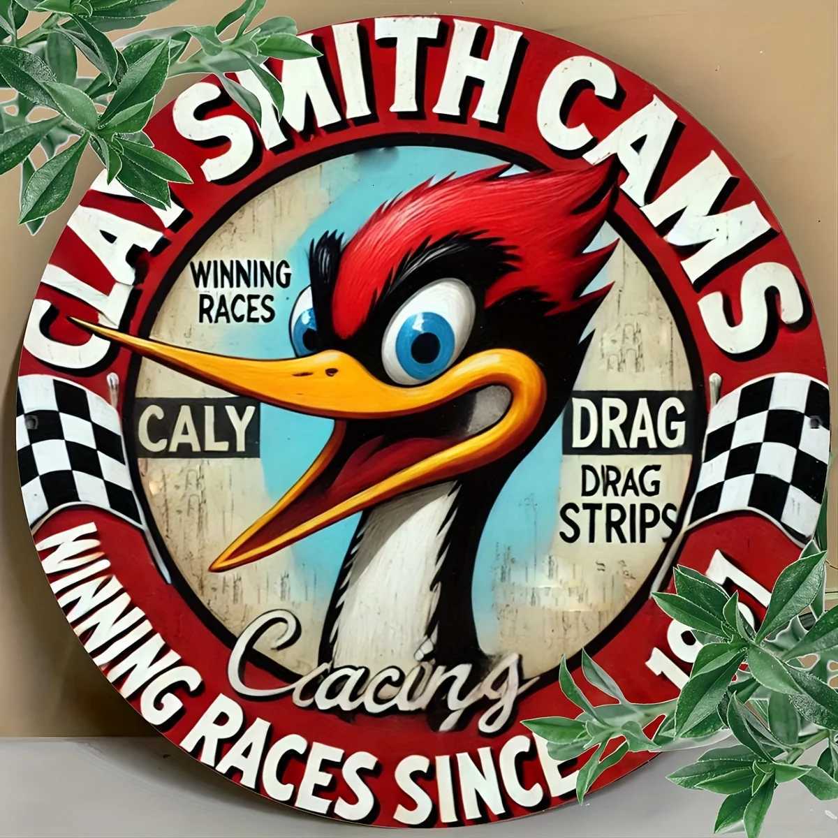 Terracotta Smith Cam Vintage Round Aluminum Sign 8x8 Inch Woodpecker Racing Theme Metal Plate for Home Restaurant CafeM251114