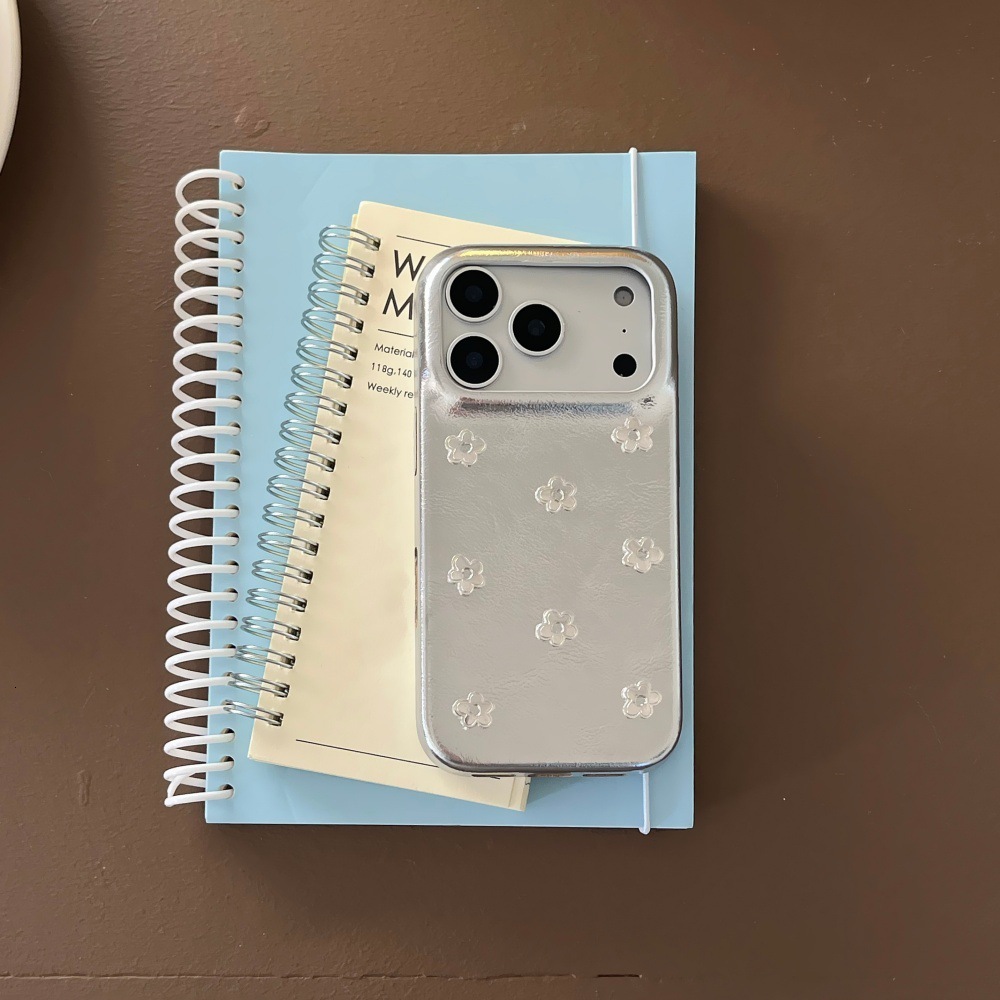 Leather Silver Flower Phone Case Compatible with iPhone 17/16 Pro Max Cartoon Bear Chain Case iPhone 15/14