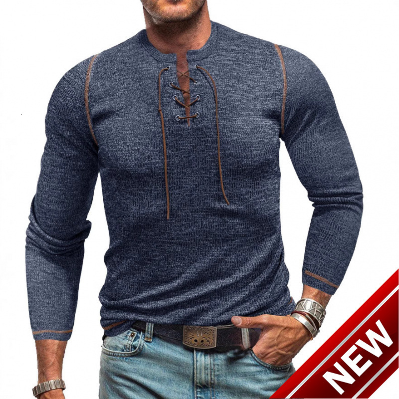 2025 mens long sleeved lace up Henley shirt mens T-shirt outdoor sports trend top men
