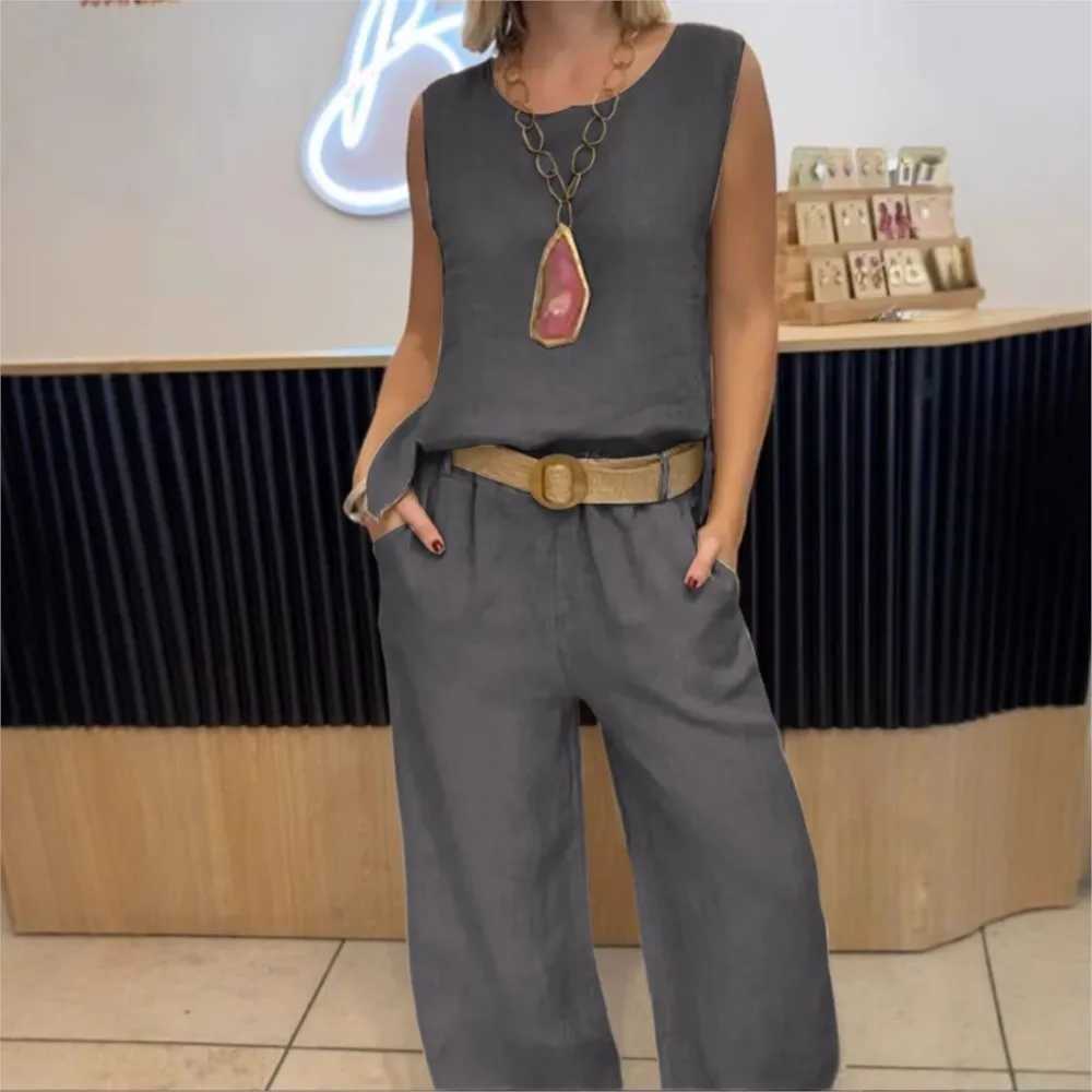 Fashion cotton linen velvet free O-neck womens T-shirt and pants 2-piece set Ele retro casual loose long leg pants Fe setXJ250414