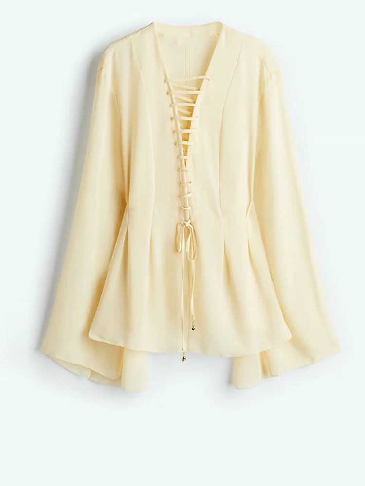 Ele shirt set womens fungal Drstring lace long shimmer Sve top elastic waist pleated ski suit fashionable vacationXJ250414