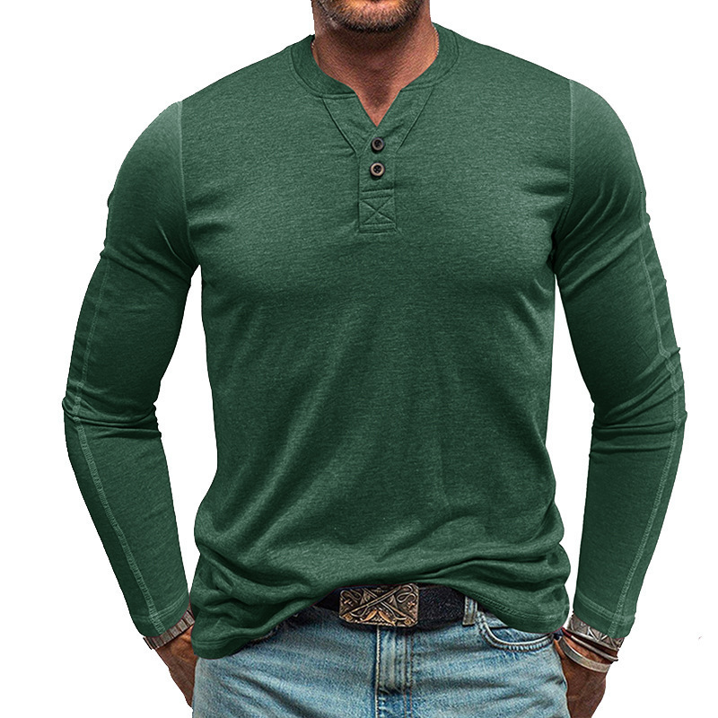 2025 mens American long sleeved mens T-shirt mens Henry collar base shirt autumn and winter elastic cotton