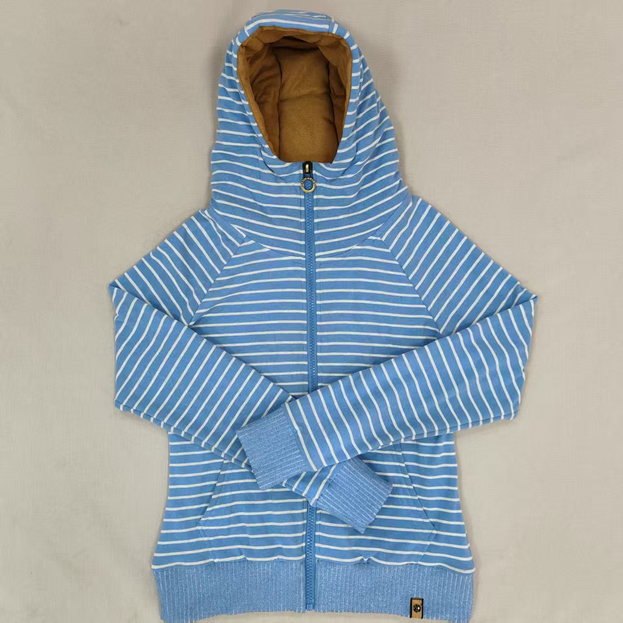 Women's Blue Striped Slim Fleece Zip Hoodie with Ribbed cuffs and hem Stand collar hood Filled hood Label patch for Daily Casual Wear