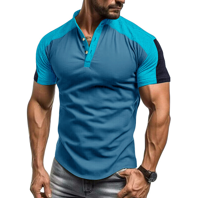 Mens Outdoor Sports Henley Shirt Mens Short sleeved Standing Neck T-shirt Fitness T-shirt Top