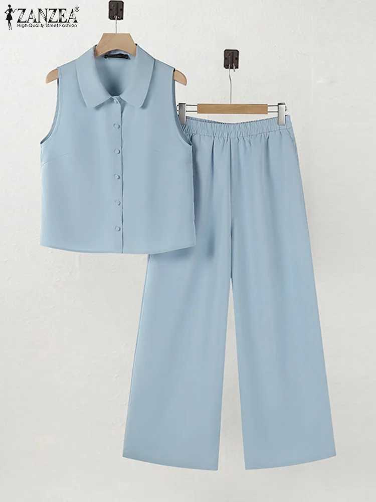 2025 ZANZEA Summer Cashless Shirt Wide Leg Pants Set Ele OL Matching Set 2-piece Womens Dress Casual Loose Mens SetXJ250414