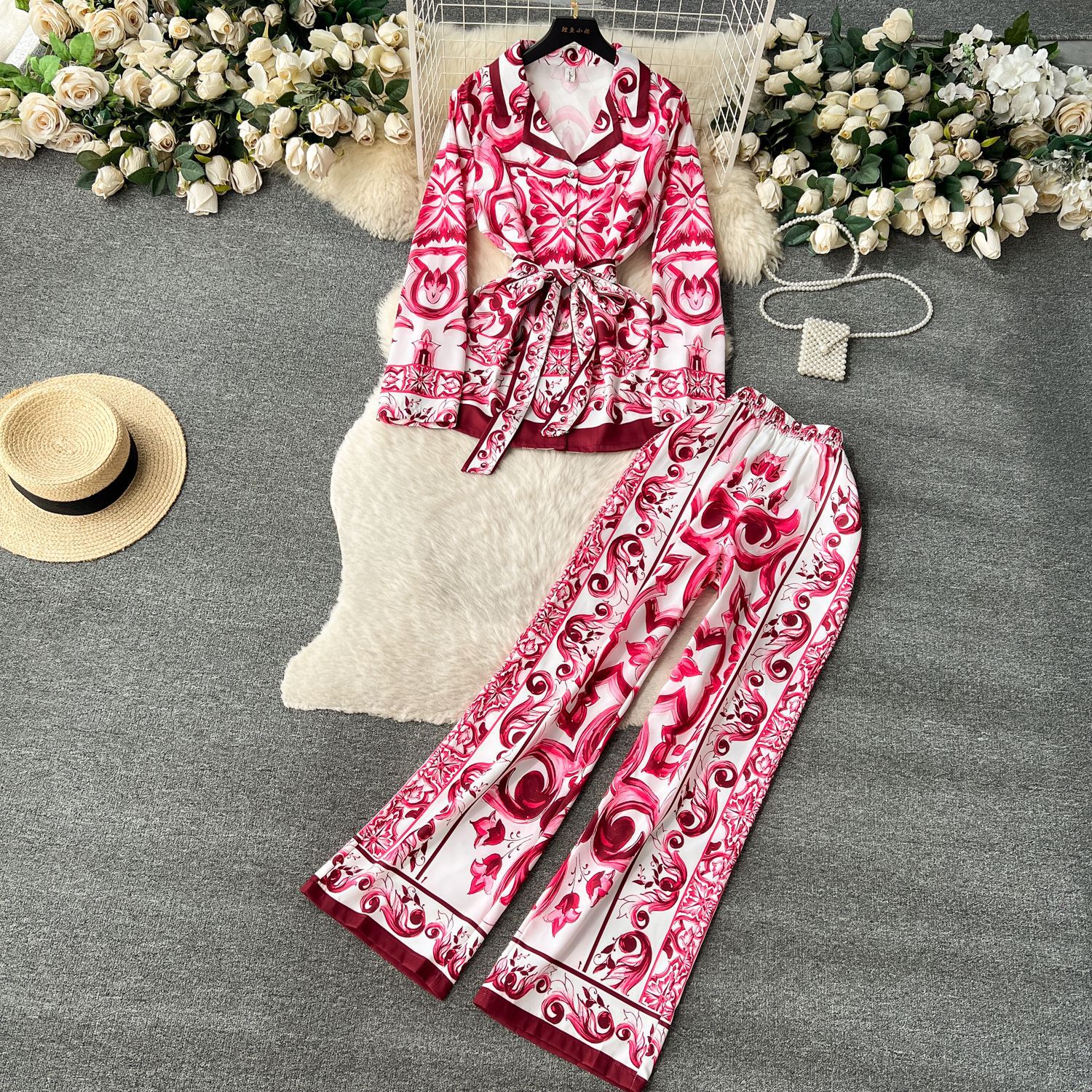 European and American retro fashionable positioning printed strap waist cinched lapel long sleeved top women's high waist wide leg straight leg p