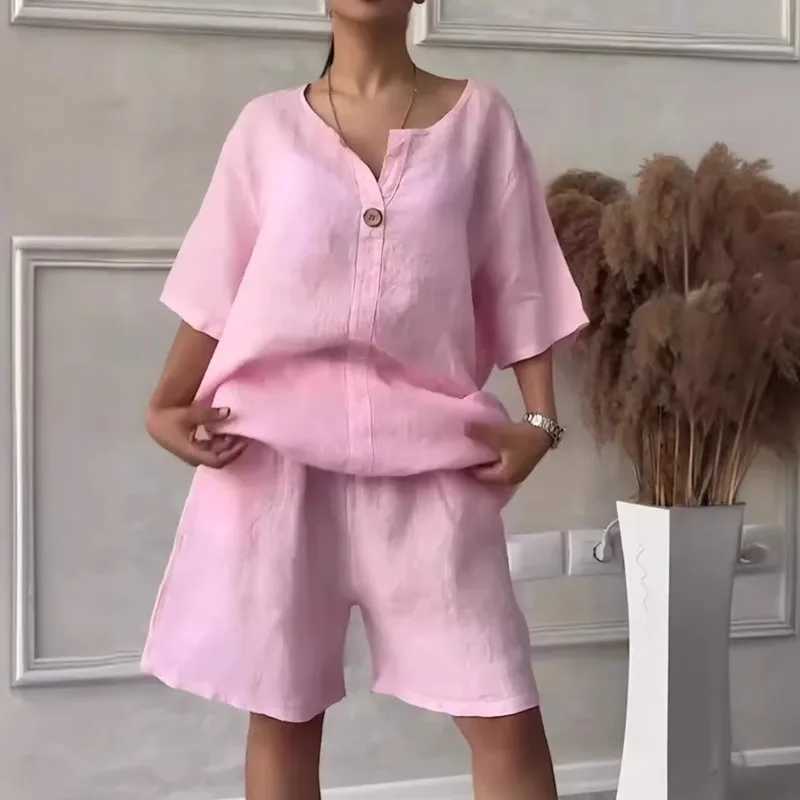 Spring and summer new cotton linen two-piece set for women loose waist V-neck top and shorts set white and pinkXJ250414