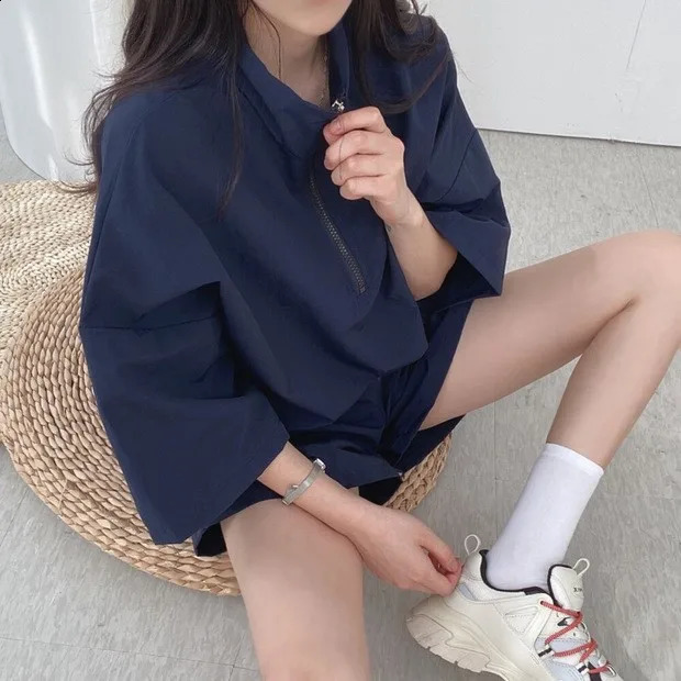 Short Sleeve Shorts Women Clothes Two-Piece Set Plus Size Turtleneck Zip-Up Spring Summer Fitness Casual Sweatshirt Set Loose 250414