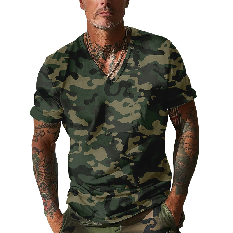 2025 hot selling V-neck slim fit sexy camouflage casual sports trend men's T-shirt