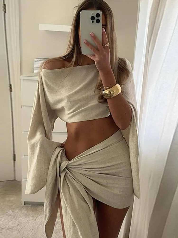 Sexy Solid Irregular Womens Ski Set Round Neck Flare Sve Crop Top Lace Mini Ski 2025 Summer New Fashion Womens SetXJ250414