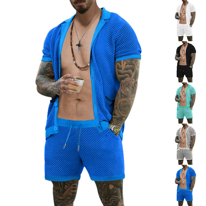 2025 Shorts Ice Cool Hole Cloth Flip Collar Cardigan Short sleeved for Men, Summer Two piece Set