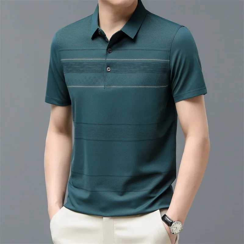 Mens short sleeved summer new striped ice silk lapel T-shirt polo commercial striped button casual top W250414