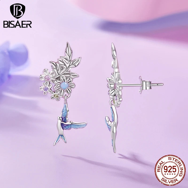 BISAER 925 sterling silver flower and bird earrings bird enamel earrings plated with platinum exquisite jewelry for womens parties 250409