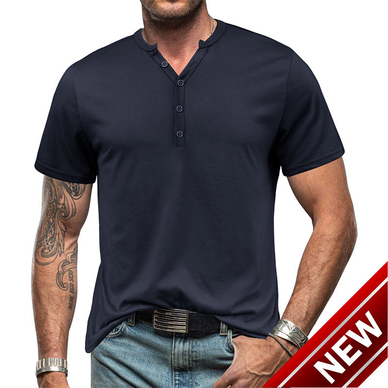 2025 Summer Mens Henry Short Sleeve T-shirt Mens Button V-Neck T-shirt Top Henleys