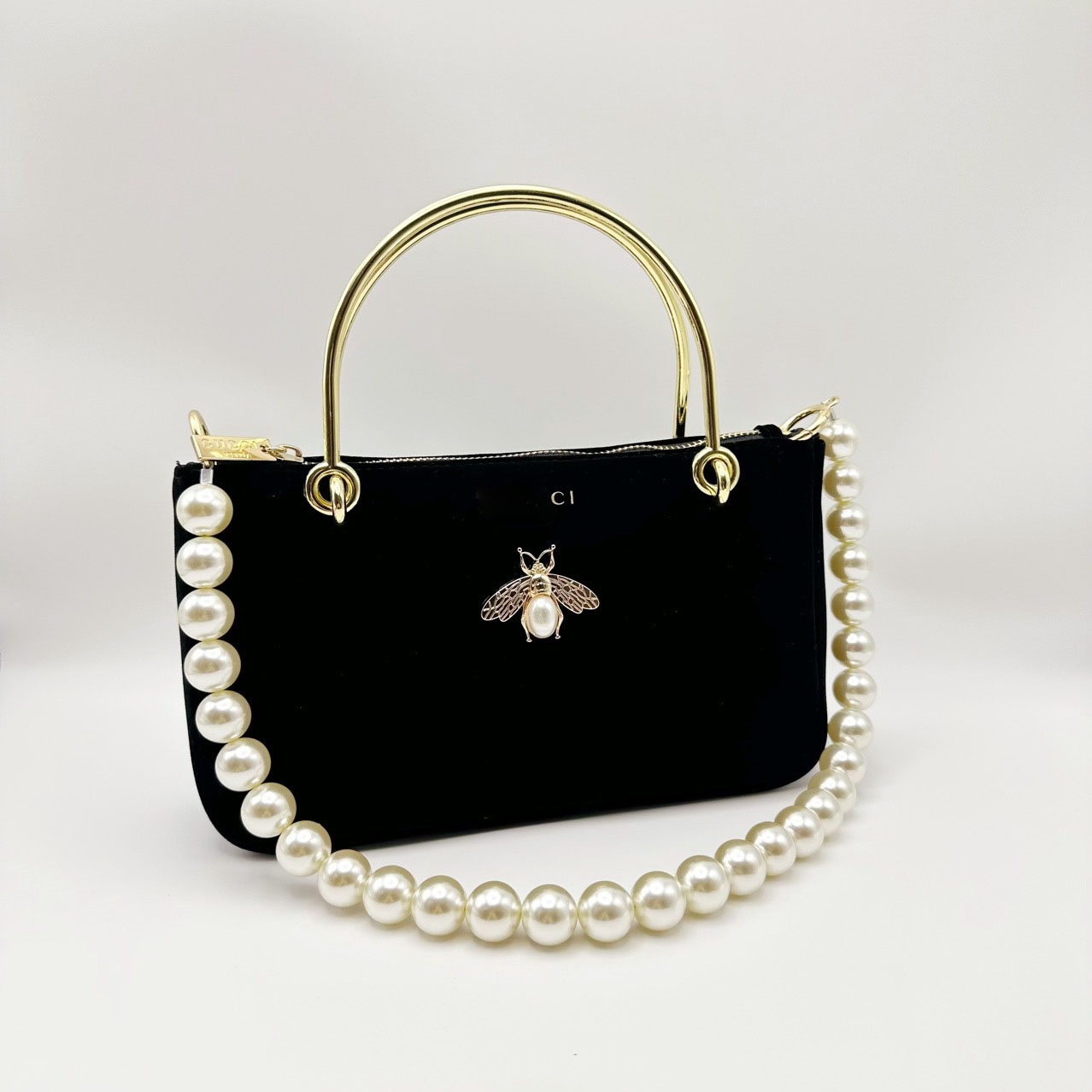 G Black velvet makeup bag hand-made underarm handbag DIY pearl chain Evening bags Mobile Phone shoulder bag