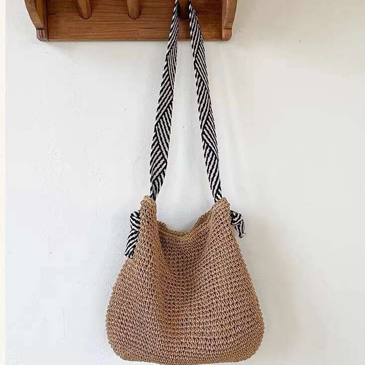 Handmade Beach Bag Korean Ins Navy Style Grass 2024 New Handmade Single Shoulder Woven Women's Versatile Vacation Beach Bag Kq2