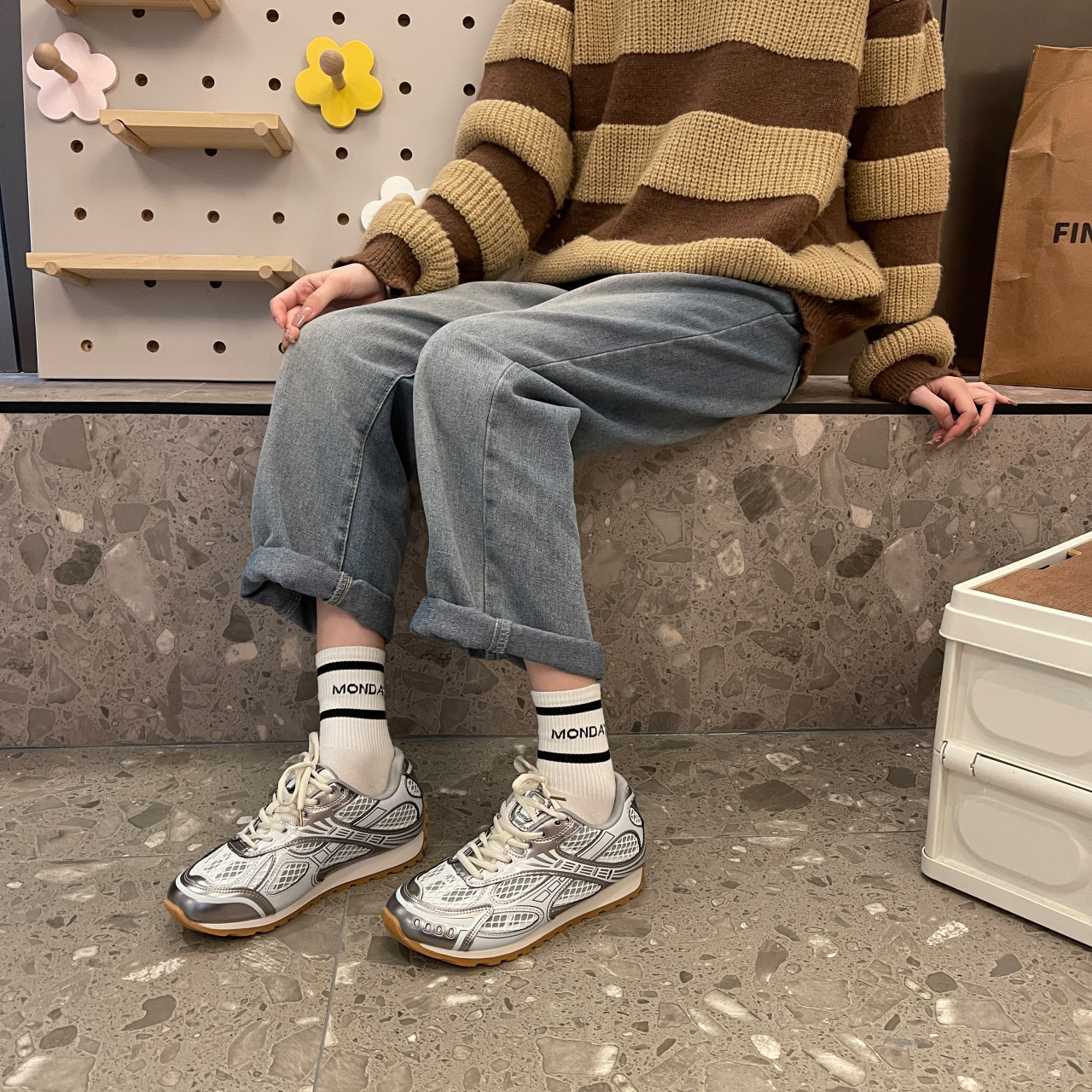 Laser sports shoes 2025 new spring and summer versatile genuine leather casual breathable silver women's shoes