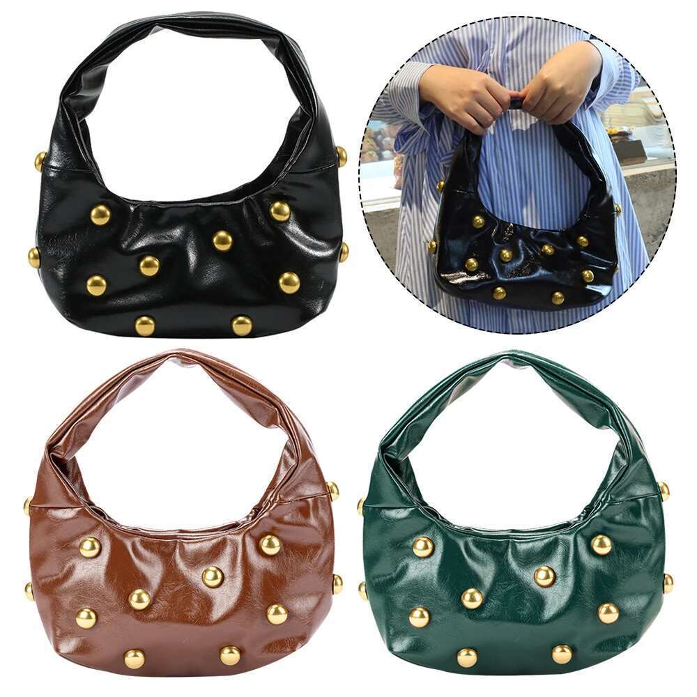 Women PU Rivet Shoulder Trendy Underarm Adjustable Strap Cool Sg Punk Style Satchel Purse Outdoor Travel Bag