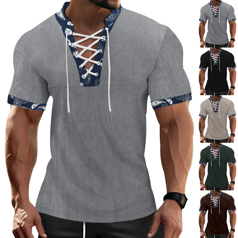 Summer corduroy solid color slim fit short sleeved American oversize casual V-neck strap men's T-shirt