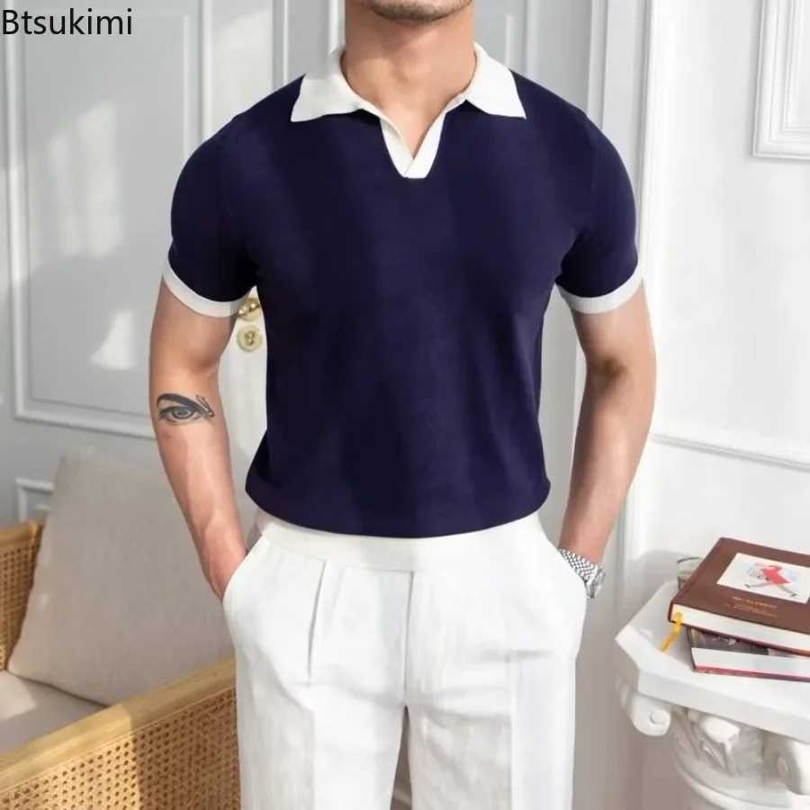 New mens elegant knitted polo shirt casual edition lapel T-shirt summer breathable loose top W250414