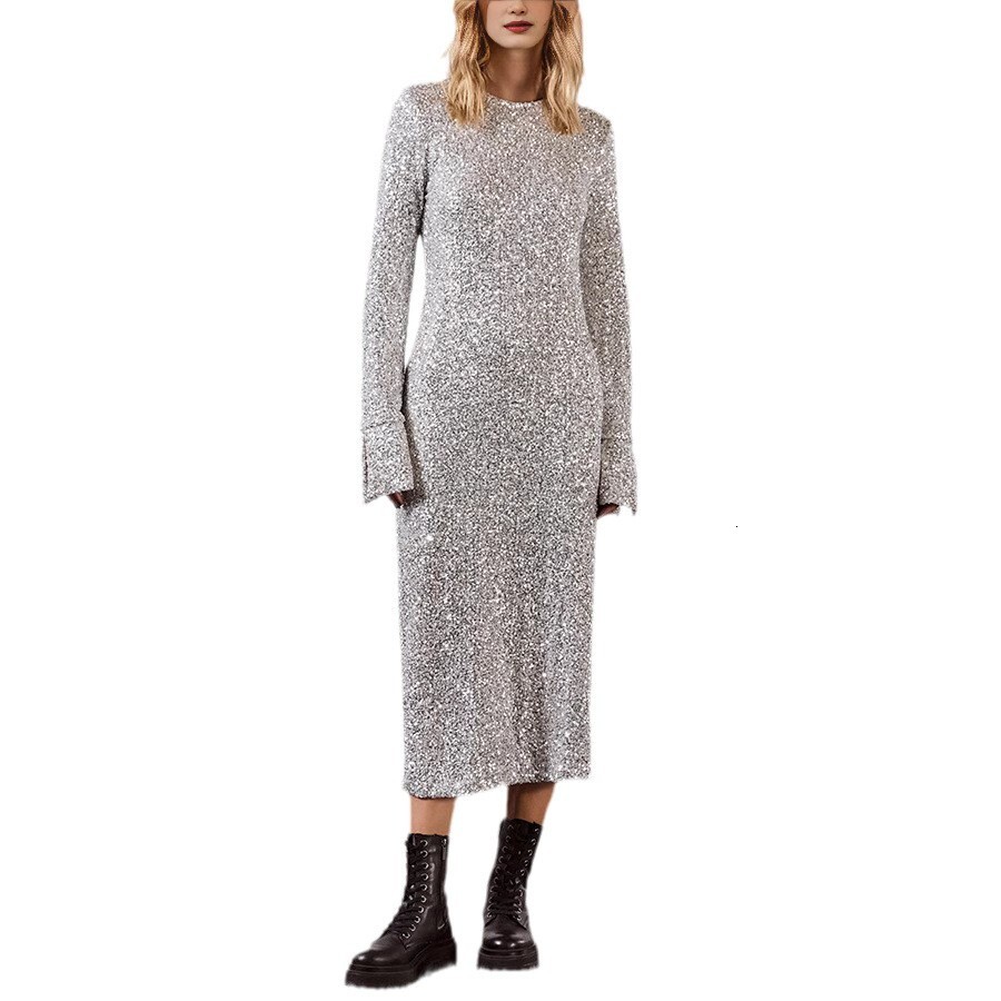 2025 Ins New Simple Bead Street Style Fashionable Long Sleeve Dress