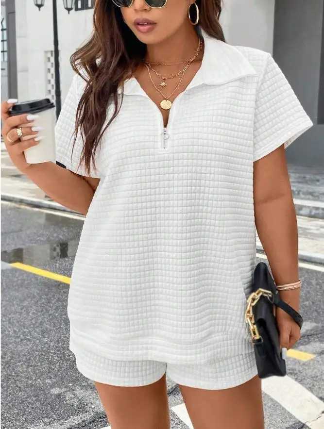Womens summer white short Sve 2-piece fashionable zipper T-shirt top+shorts casual home two-piece set womens sportswearXJ250414