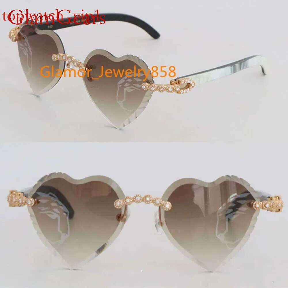 Moissanite Dia Set Rimless Sunglasses for Women Original White Inside Black Buffalo Horn Men glasses Carved Angled iangle lens Big Stones Glasses