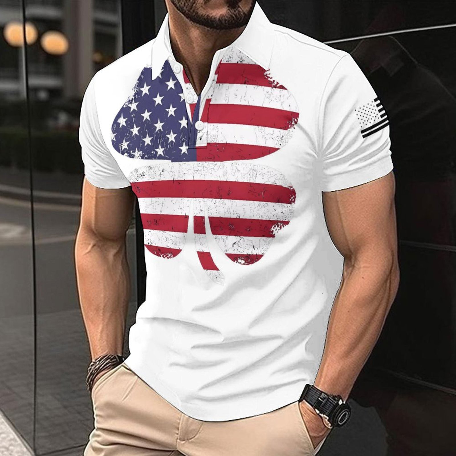 Digital printed button up collar t-shirt casual bird eye fabric top short sleeved men's polo shirt summer